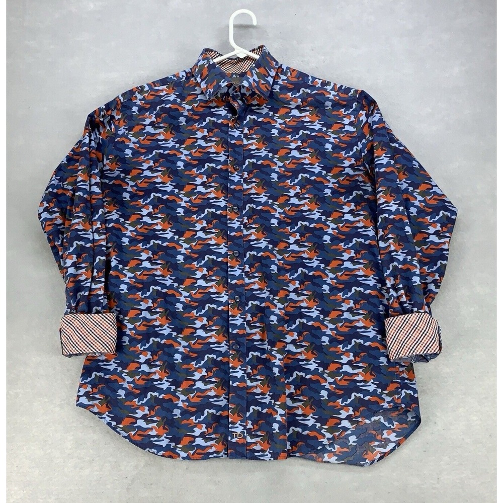 Thomas Dean Shirt Men's XL Multicolor Camo Flip Cuffs Collar L/S Button Up